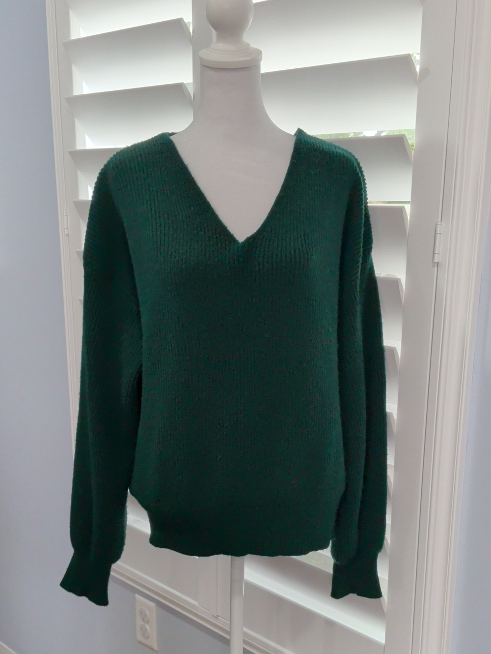 Cozy V-Neck Women’s Relaxed Fit Sweater in Forest Green With Satin Bow In Back.